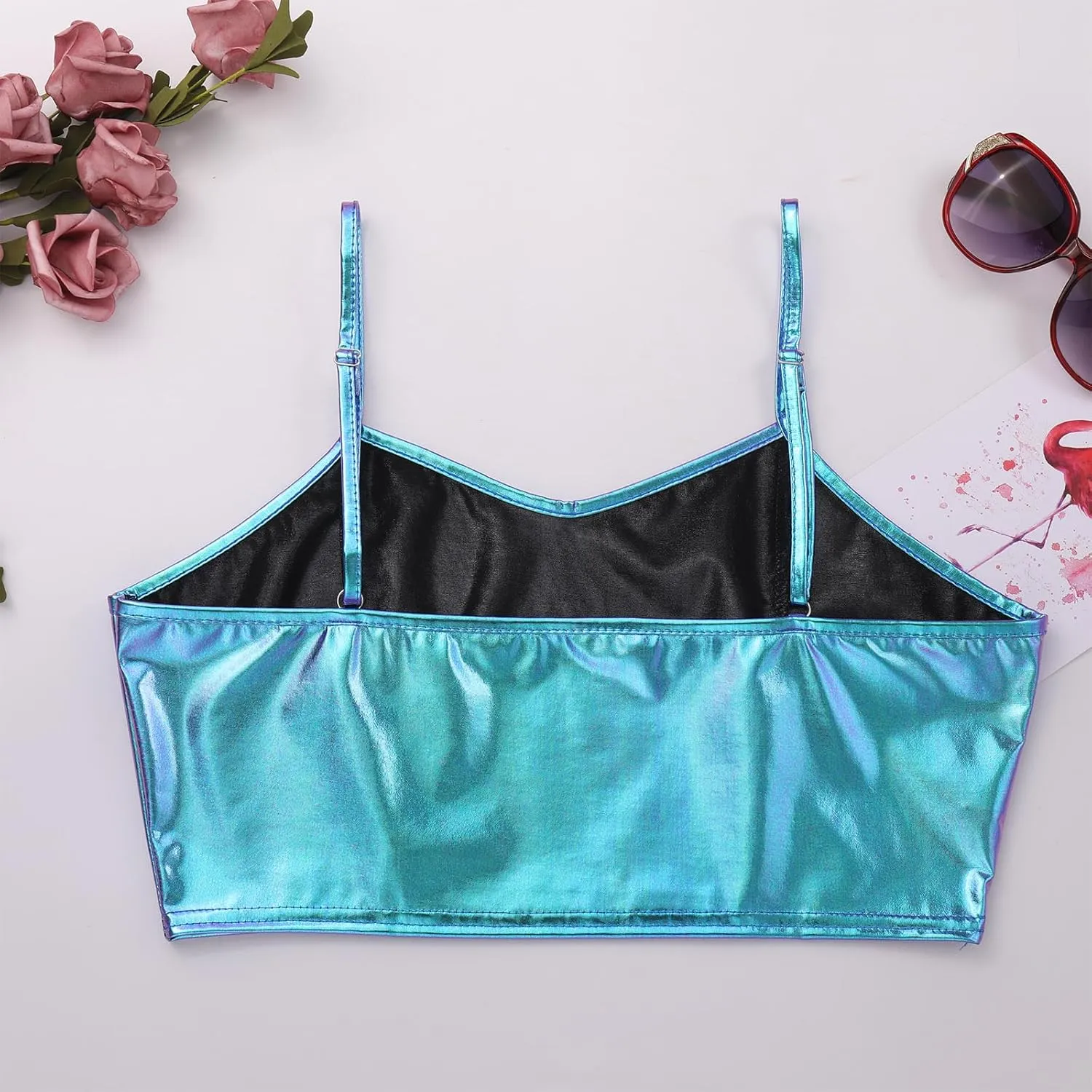 Womens Holographic Metallic Shiny Off Shoulder Crop Top Bustier Tube Top Blouse Rave Causal Strapless Basic Sexy Vest