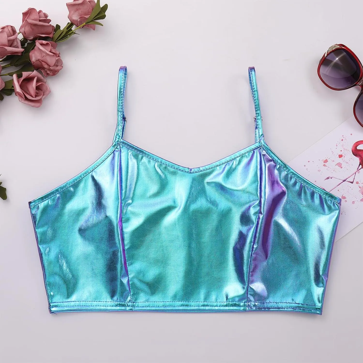 Womens Holographic Metallic Shiny Off Shoulder Crop Top Bustier Tube Top Blouse Rave Causal Strapless Basic Sexy Vest