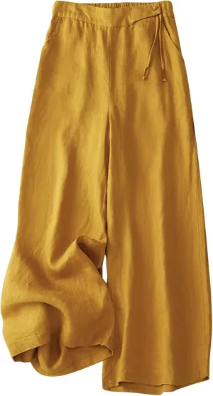 Womens Linen Cropped Pants 2025 Summer Trendy Casual Elastic Waist Jogger Pants Cotton Soft Work Trouser with Pocket