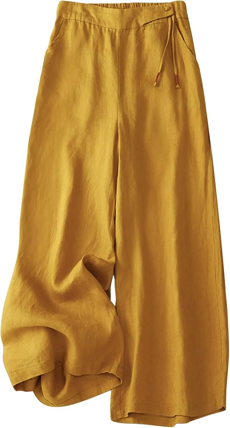 Womens Linen Cropped Pants 2025 Summer Trendy Casual Elastic Waist Jogger Pants Cotton Soft Work Trouser with Pocket