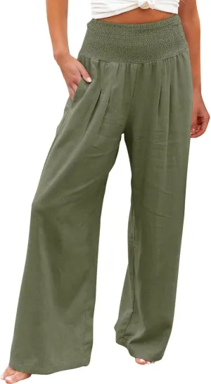 Women's Linen Palazzo Pants Summer Casual Smocked High Waisted Wide Leg Trousers Vacation Lounge Pants with Pockets