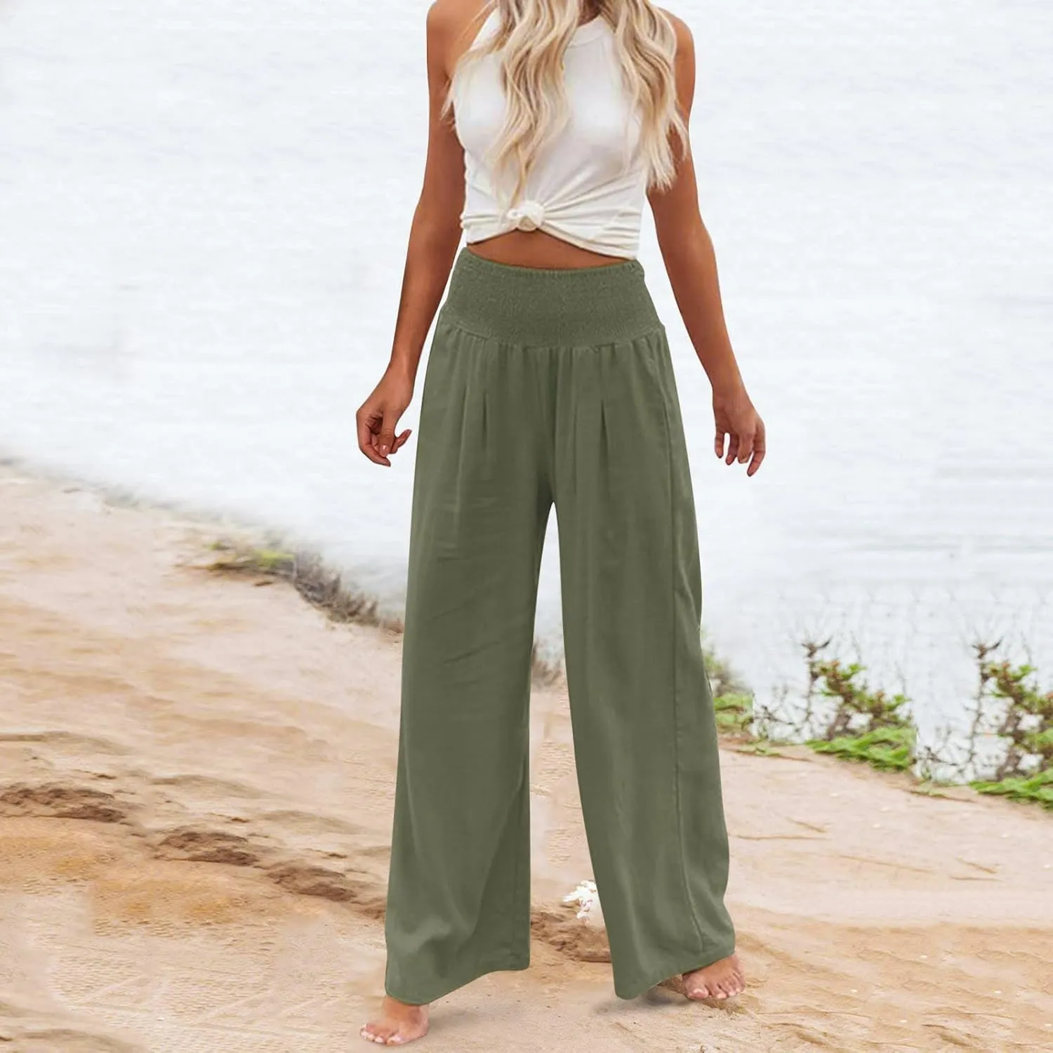 Women's Linen Palazzo Pants Summer Casual Smocked High Waisted Wide Leg Trousers Vacation Lounge Pants with Pockets