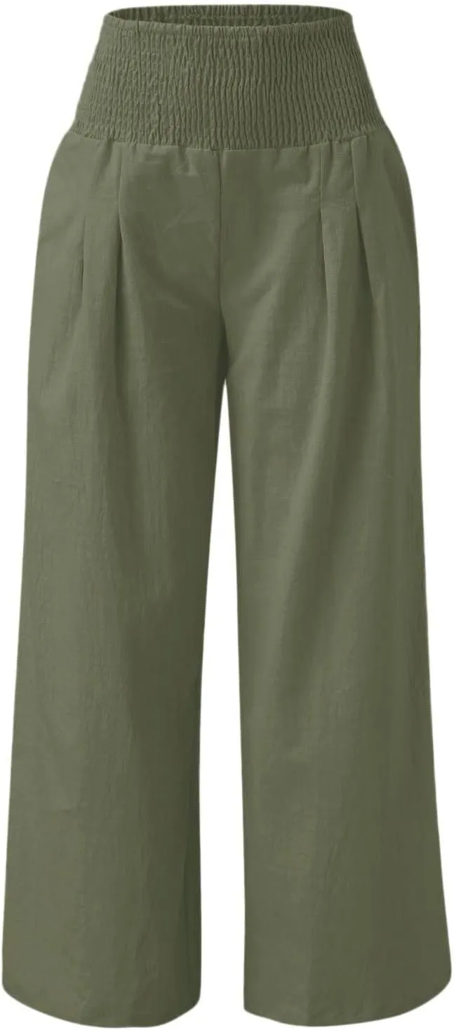 Women's Linen Palazzo Pants Summer Casual Smocked High Waisted Wide Leg Trousers Vacation Lounge Pants with Pockets