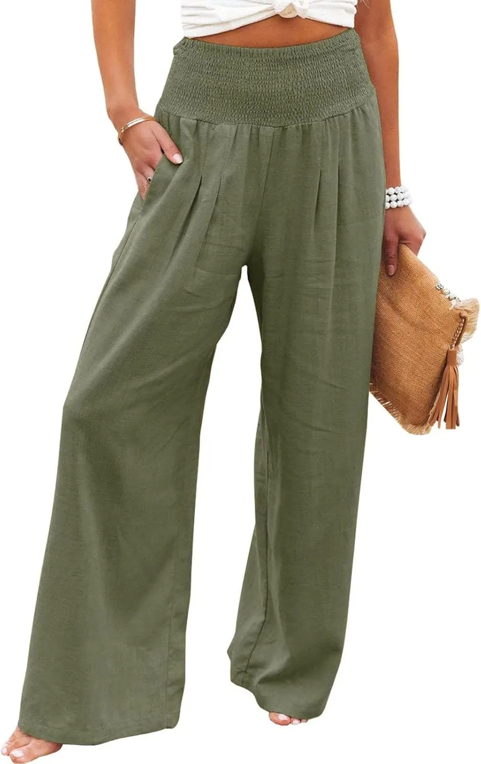 Women's Linen Palazzo Pants Summer Casual Smocked High Waisted Wide Leg Trousers Vacation Lounge Pants with Pockets