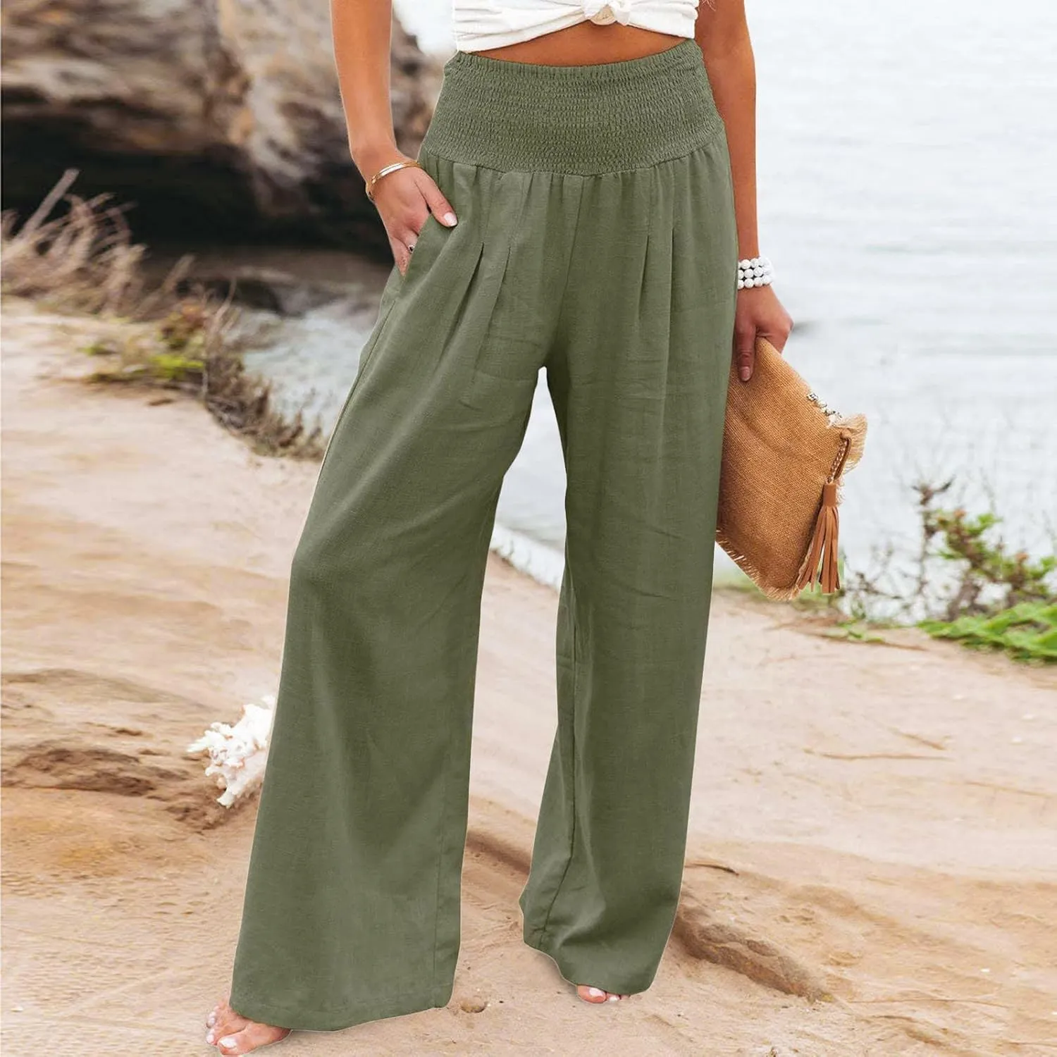 Women's Linen Palazzo Pants Summer Casual Smocked High Waisted Wide Leg Trousers Vacation Lounge Pants with Pockets