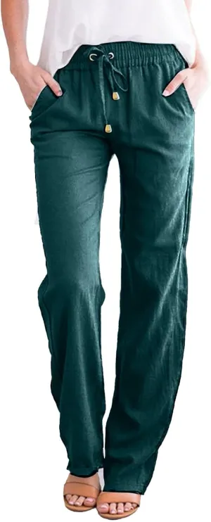 Womens Linen Pants 2025 Summer Casual Drawstring Elastic Waist Cotton Pants Petite Straight Leg Lounge Long Trousers