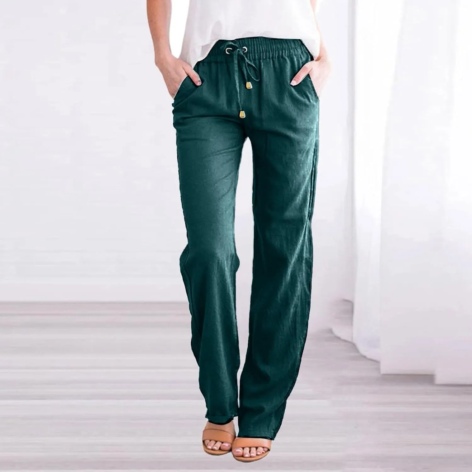 Womens Linen Pants 2025 Summer Casual Drawstring Elastic Waist Cotton Pants Petite Straight Leg Lounge Long Trousers