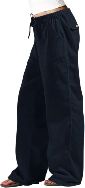 Womens Linen Pants 2025 Womens Casual Solid Color Loose Pockets Elastic Belt Waist Pants Long Trousers Harem Pants