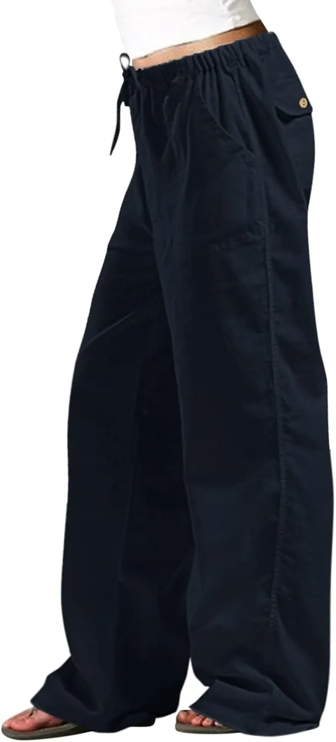 Womens Linen Pants 2025 Womens Casual Solid Color Loose Pockets Elastic Belt Waist Pants Long Trousers Harem Pants