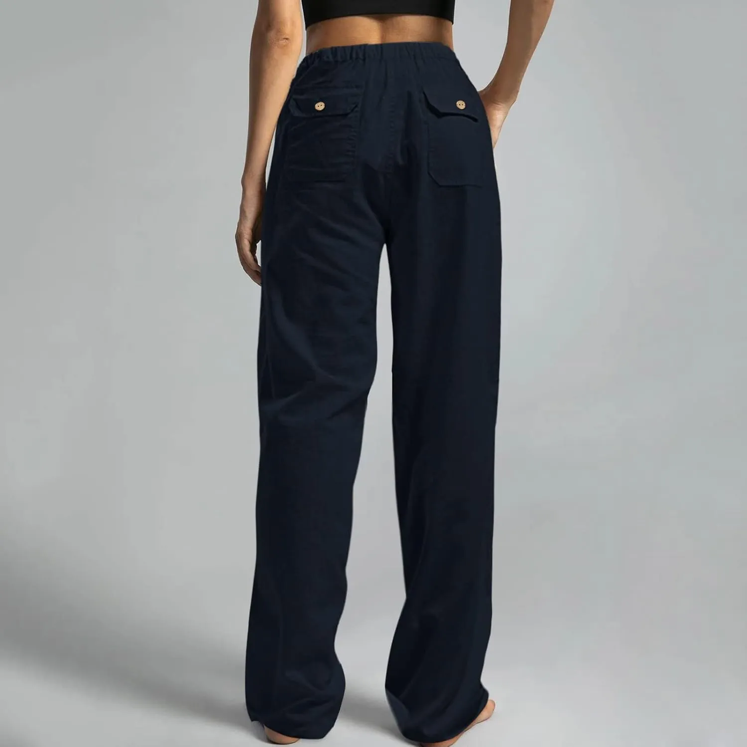 Womens Linen Pants 2025 Womens Casual Solid Color Loose Pockets Elastic Belt Waist Pants Long Trousers Harem Pants