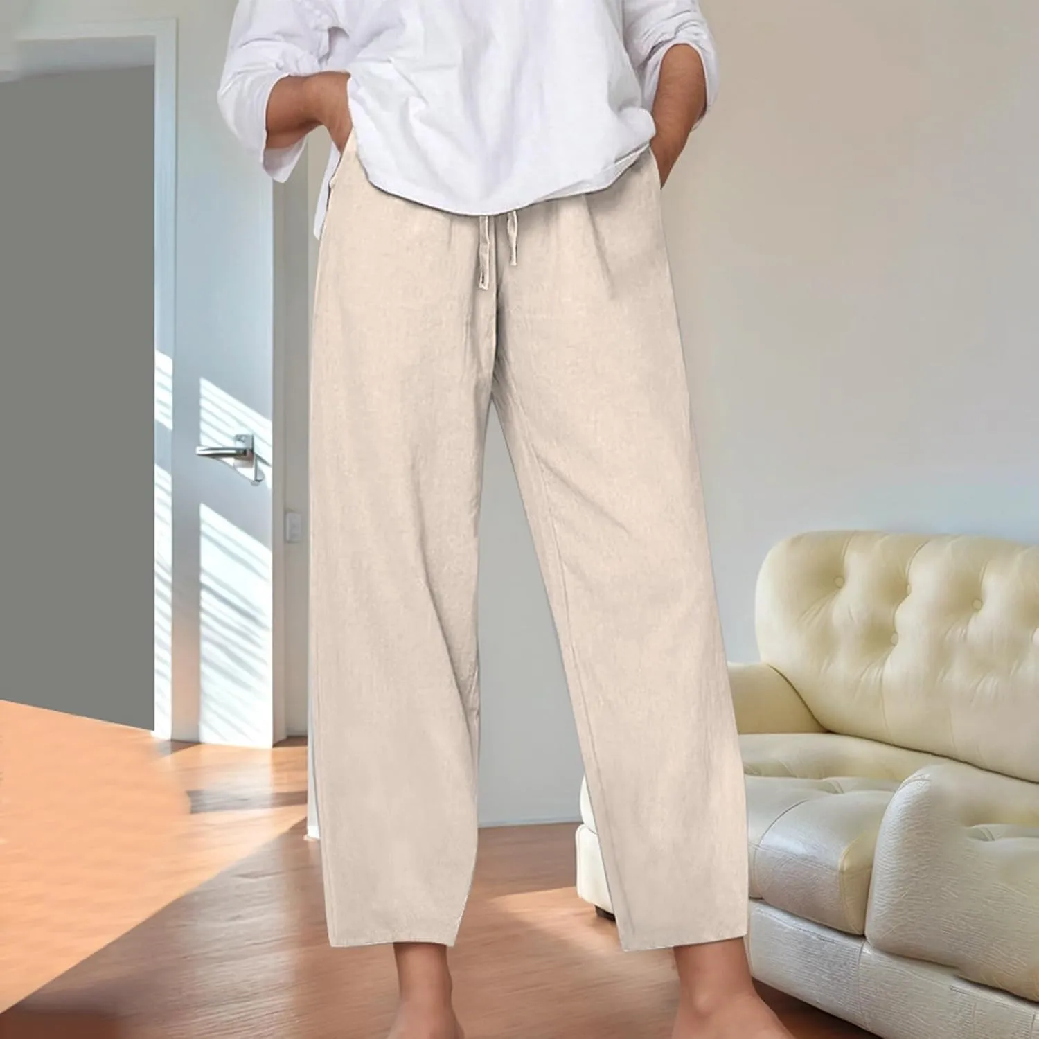 Women's Linen Pants Casual 2025 Solid Loose Drawstring Pants Elastic Waist Straight Leg Baggy Trousers with Pockets
