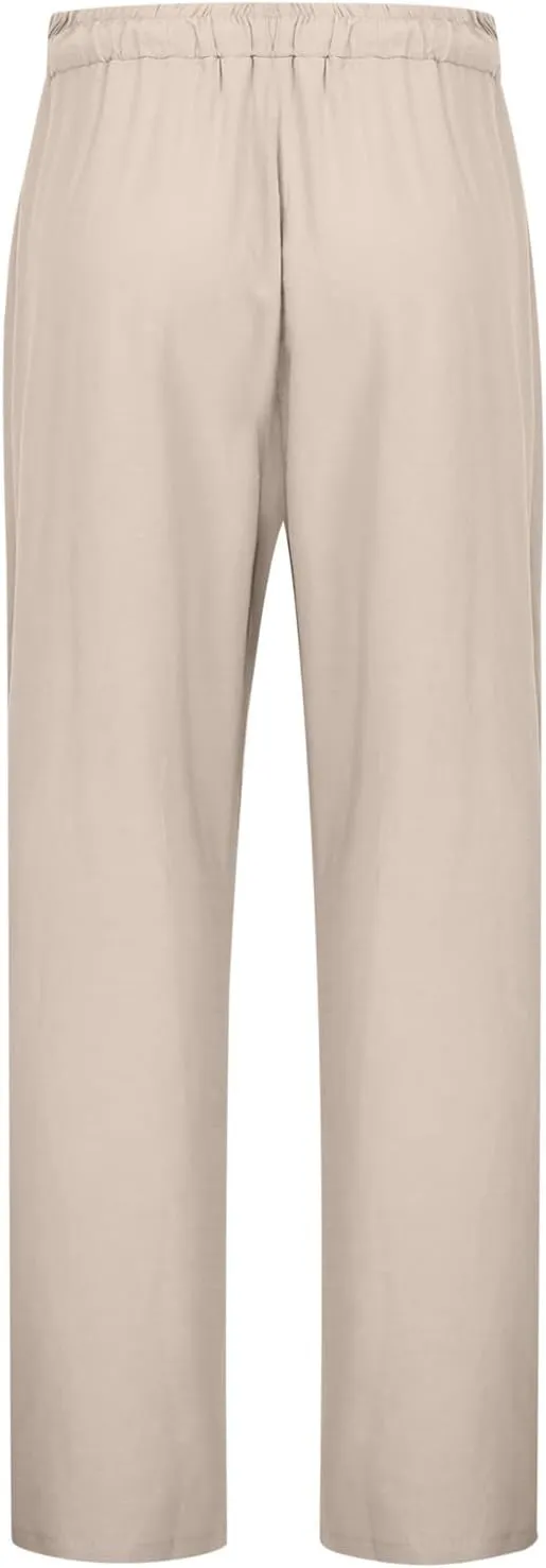 Women's Linen Pants Casual 2025 Solid Loose Drawstring Pants Elastic Waist Straight Leg Baggy Trousers with Pockets