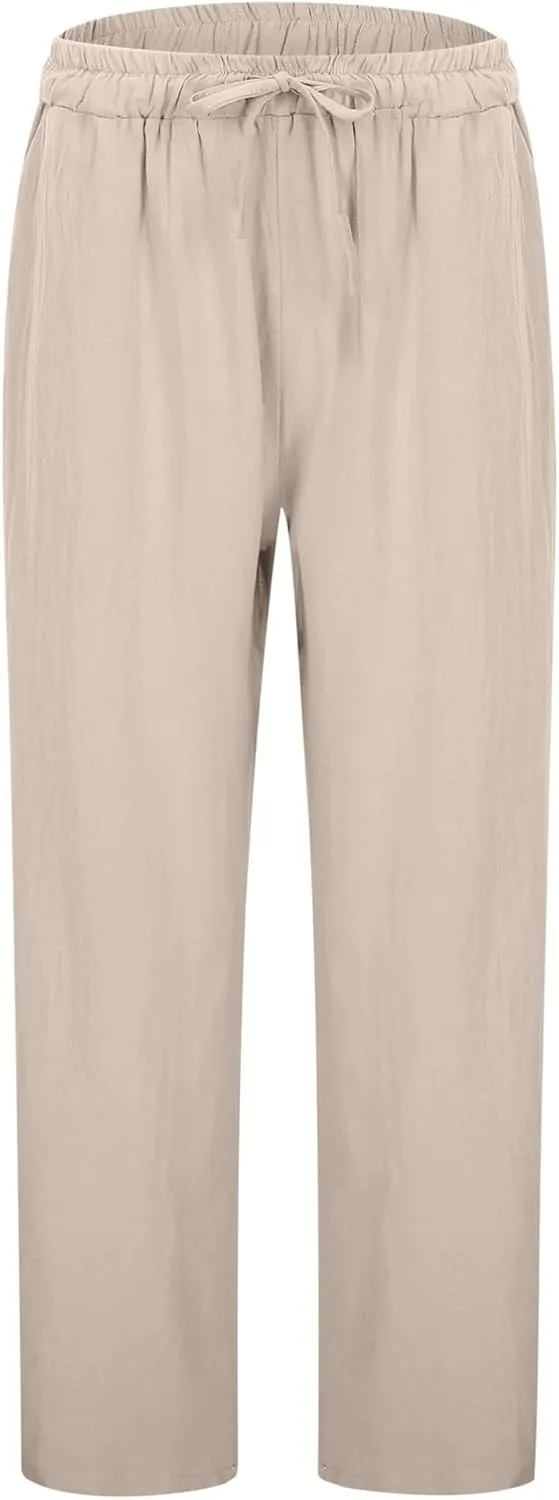 Women's Linen Pants Casual 2025 Solid Loose Drawstring Pants Elastic Waist Straight Leg Baggy Trousers with Pockets