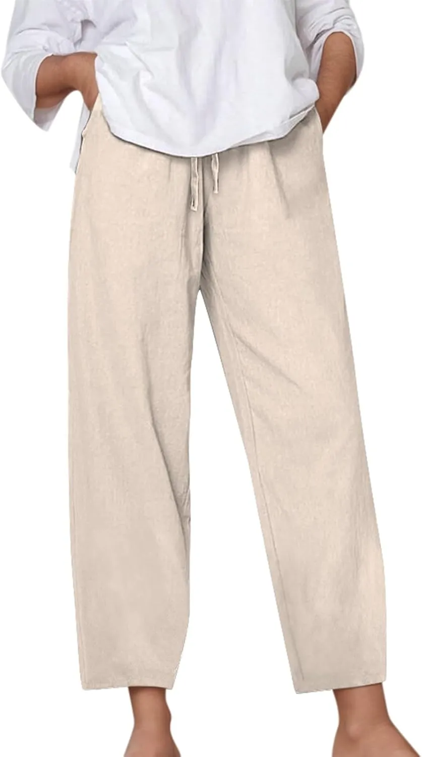 Women's Linen Pants Casual 2025 Solid Loose Drawstring Pants Elastic Waist Straight Leg Baggy Trousers with Pockets