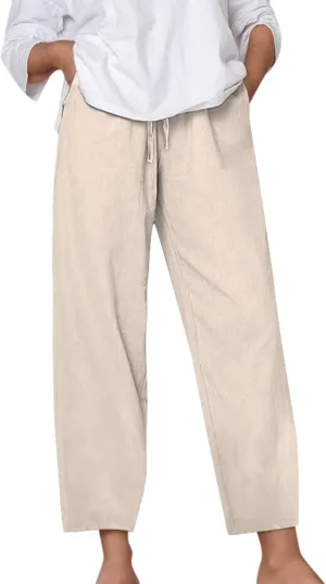 Women's Linen Pants Casual 2025 Solid Loose Drawstring Pants Elastic Waist Straight Leg Baggy Trousers with Pockets