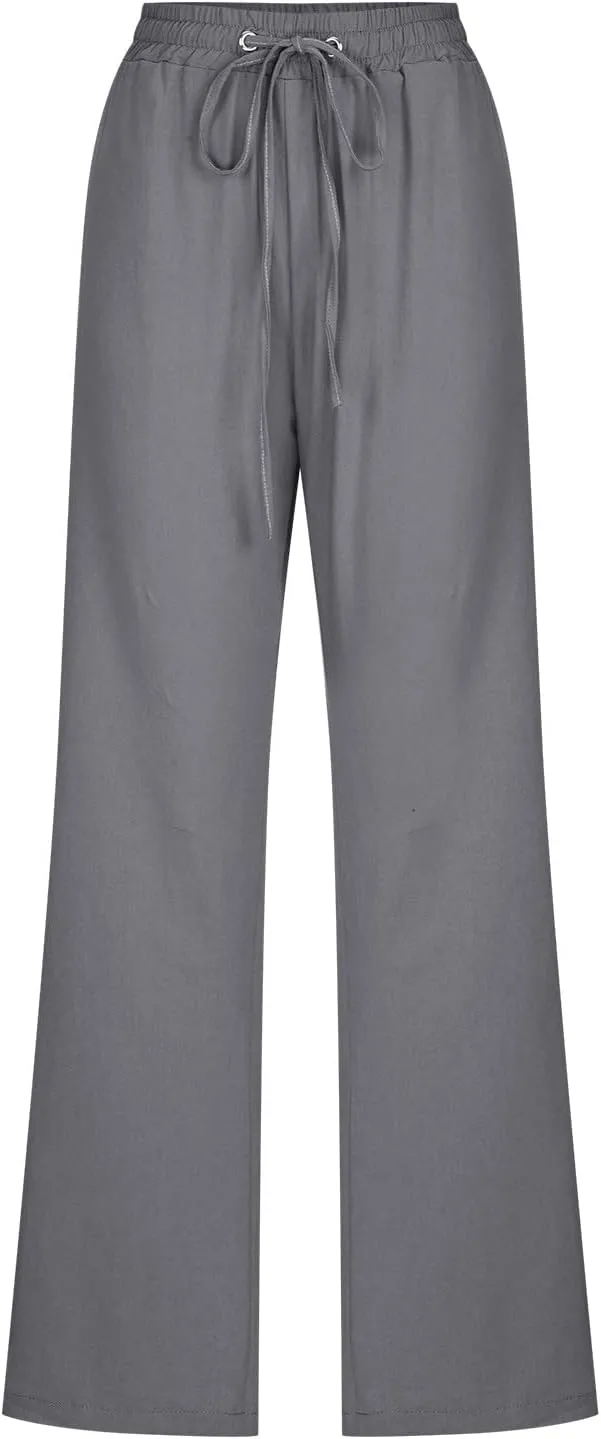 Womens Linen Pants Casual Drawstring Elastic Wide Leg Pants High Waist Pants Loose Fit Lounge Trousers with Pockets