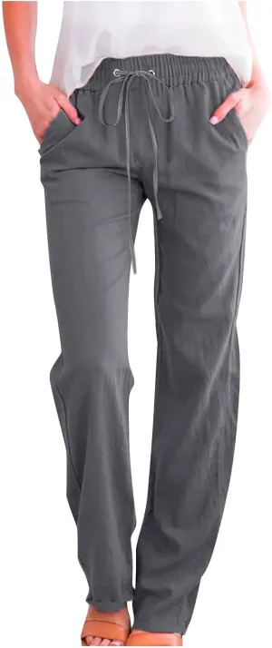 Womens Linen Pants Casual Drawstring Elastic Wide Leg Pants High Waist Pants Loose Fit Lounge Trousers with Pockets