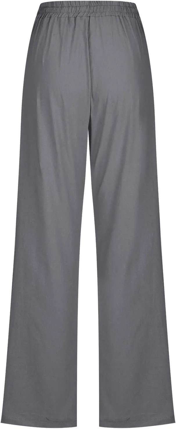 Womens Linen Pants Casual Drawstring Elastic Wide Leg Pants High Waist Pants Loose Fit Lounge Trousers with Pockets