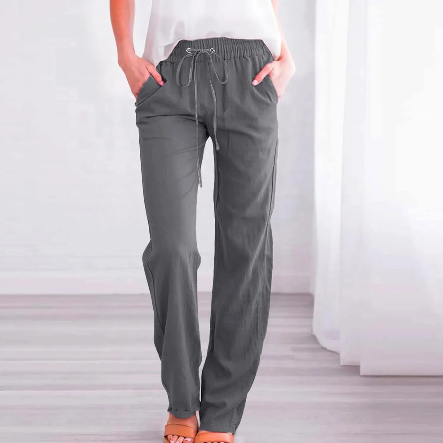 Womens Linen Pants Casual Drawstring Elastic Wide Leg Pants High Waist Pants Loose Fit Lounge Trousers with Pockets