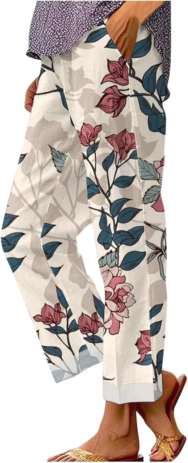 Women's Linen Pants Solid Elastic Pants Long Drawstring Linen Women Waist Cotton Casual Pants with Pockets Petite