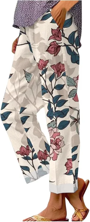 Women's Linen Pants Solid Elastic Pants Long Drawstring Linen Women Waist Cotton Casual Pants with Pockets Petite