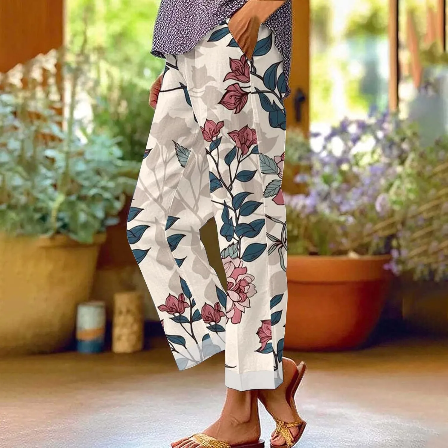 Women's Linen Pants Solid Elastic Pants Long Drawstring Linen Women Waist Cotton Casual Pants with Pockets Petite