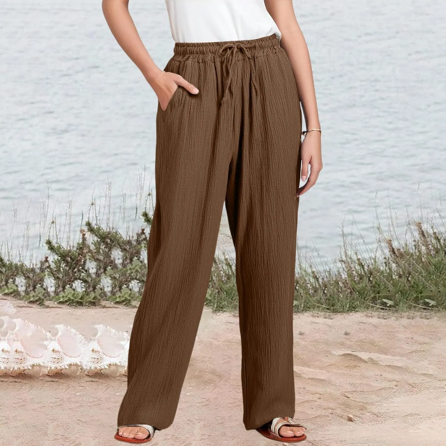 Womens Linen Pants Straight Leg Elastic Drawstring Casual Trousers Beach Lounge Pants with Pockets
