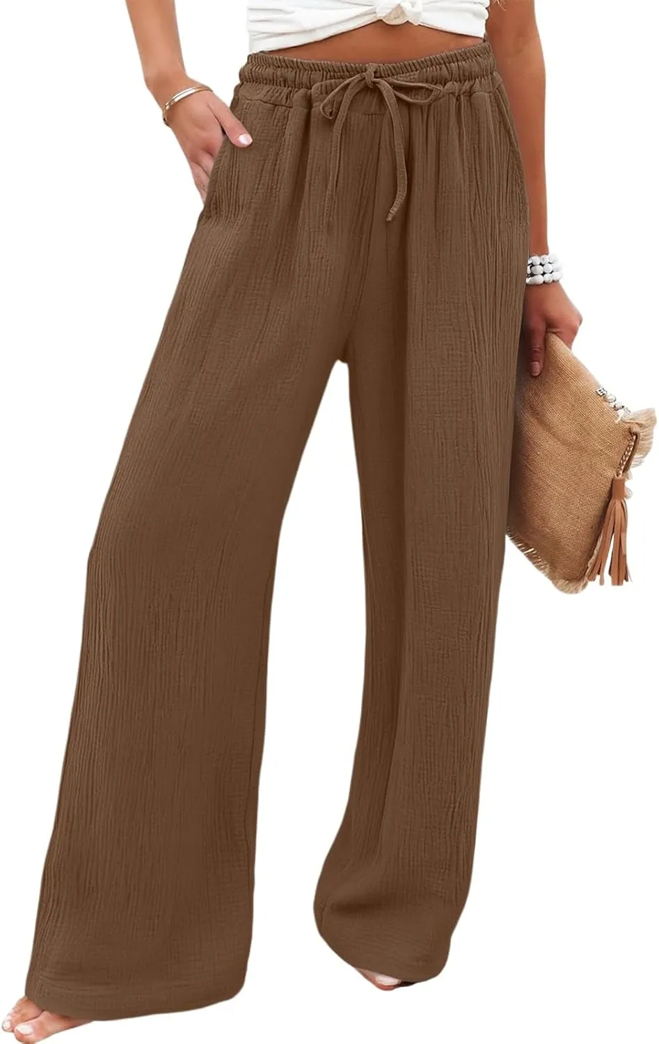 Womens Linen Pants Straight Leg Elastic Drawstring Casual Trousers Beach Lounge Pants with Pockets