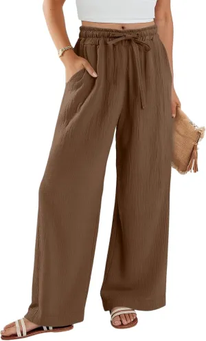 Womens Linen Pants Straight Leg Elastic Drawstring Casual Trousers Beach Lounge Pants with Pockets