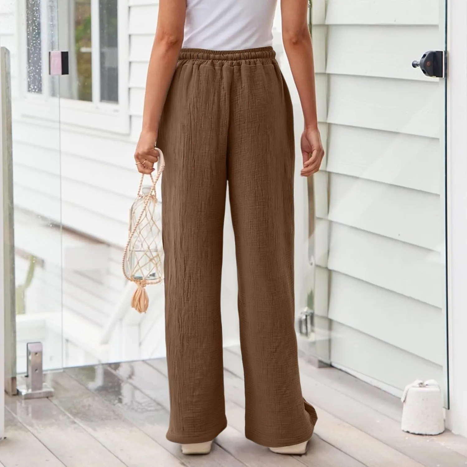 Womens Linen Pants Straight Leg Elastic Drawstring Casual Trousers Beach Lounge Pants with Pockets