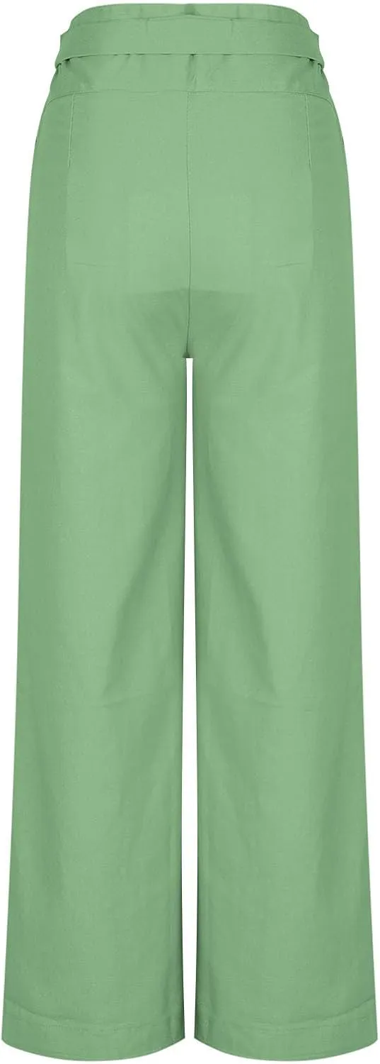 Womens Linen Pants Wide Leg High Waisted Palazzo Vacation Pants with Adjustable Tie Belt Casual Solid Summer Trousers