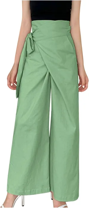 Womens Linen Pants Wide Leg High Waisted Palazzo Vacation Pants with Adjustable Tie Belt Casual Solid Summer Trousers