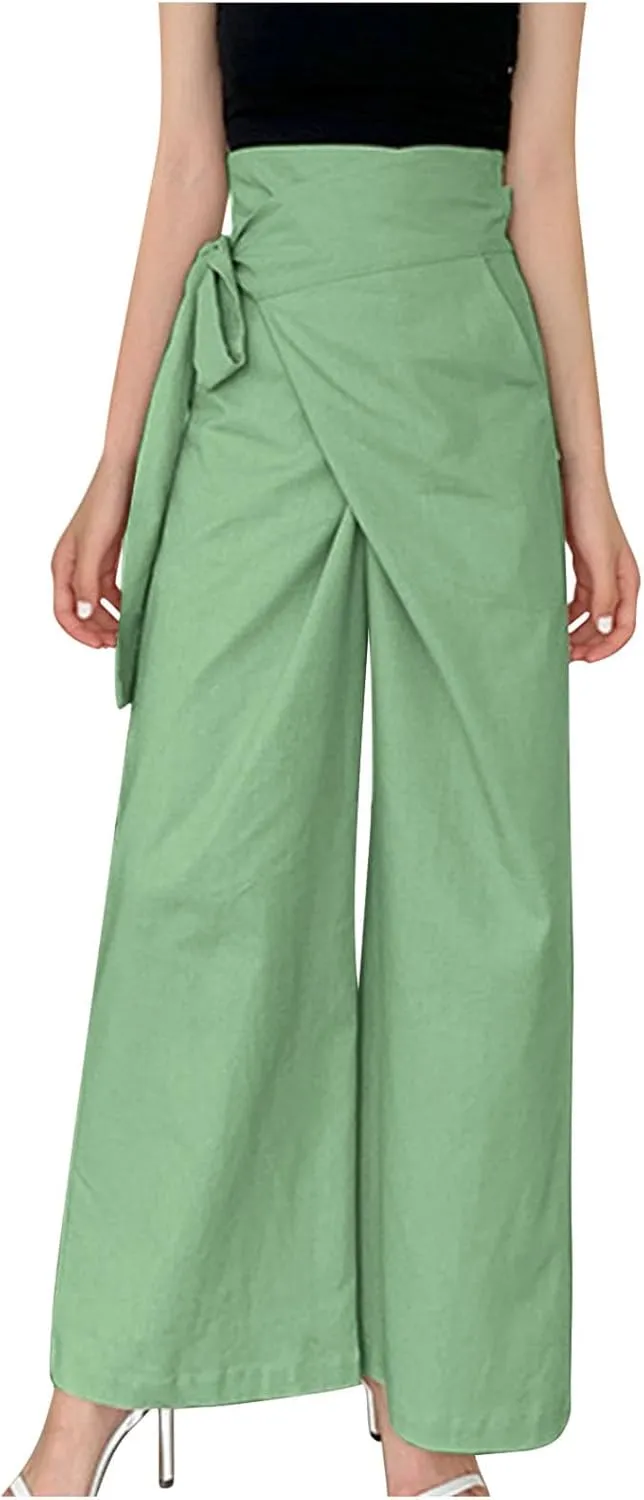 Womens Linen Pants Wide Leg High Waisted Palazzo Vacation Pants with Adjustable Tie Belt Casual Solid Summer Trousers