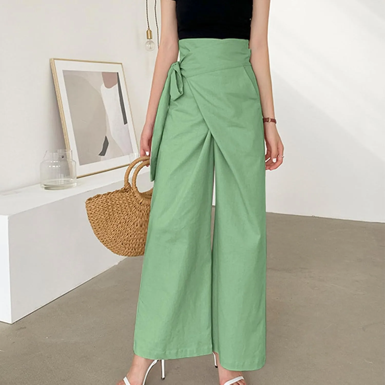 Womens Linen Pants Wide Leg High Waisted Palazzo Vacation Pants with Adjustable Tie Belt Casual Solid Summer Trousers