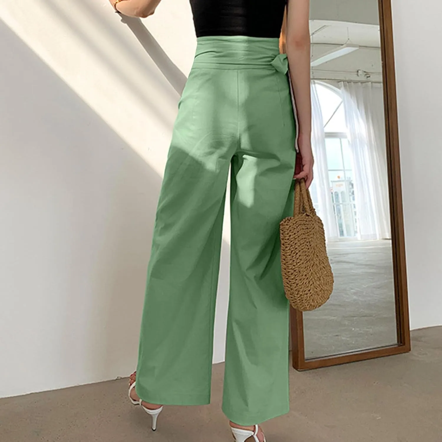 Womens Linen Pants Wide Leg High Waisted Palazzo Vacation Pants with Adjustable Tie Belt Casual Solid Summer Trousers