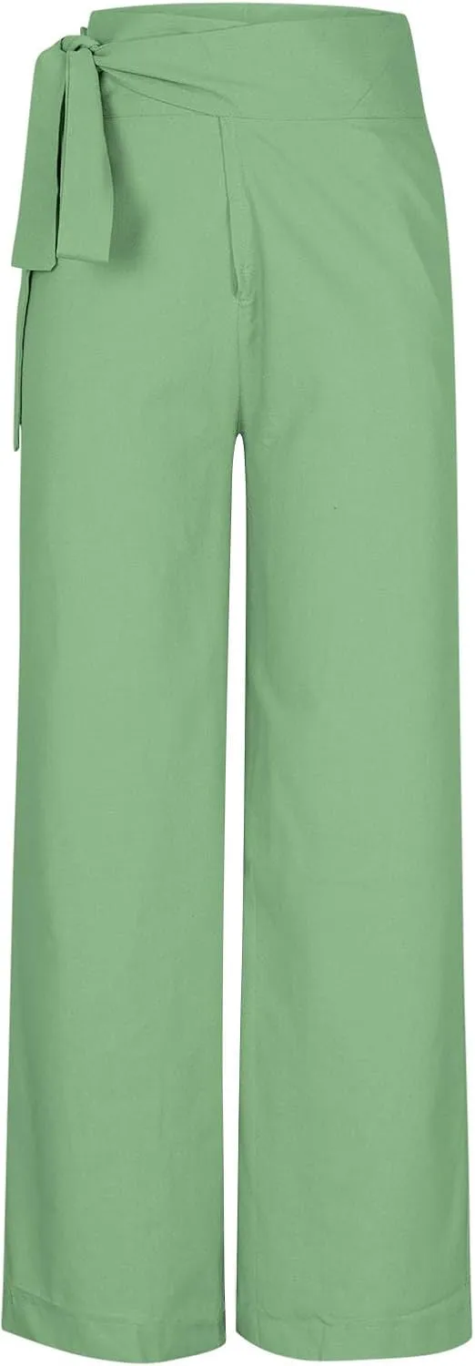 Womens Linen Pants Wide Leg High Waisted Palazzo Vacation Pants with Adjustable Tie Belt Casual Solid Summer Trousers