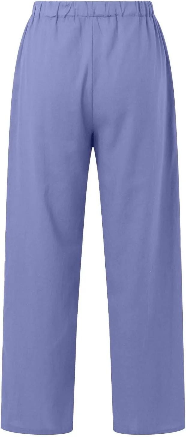 Womens Linen Summer Capri Pants Casual Drawstring Elastic Trousers Comfy Straight Leg Long Pants with Pockets Flowy