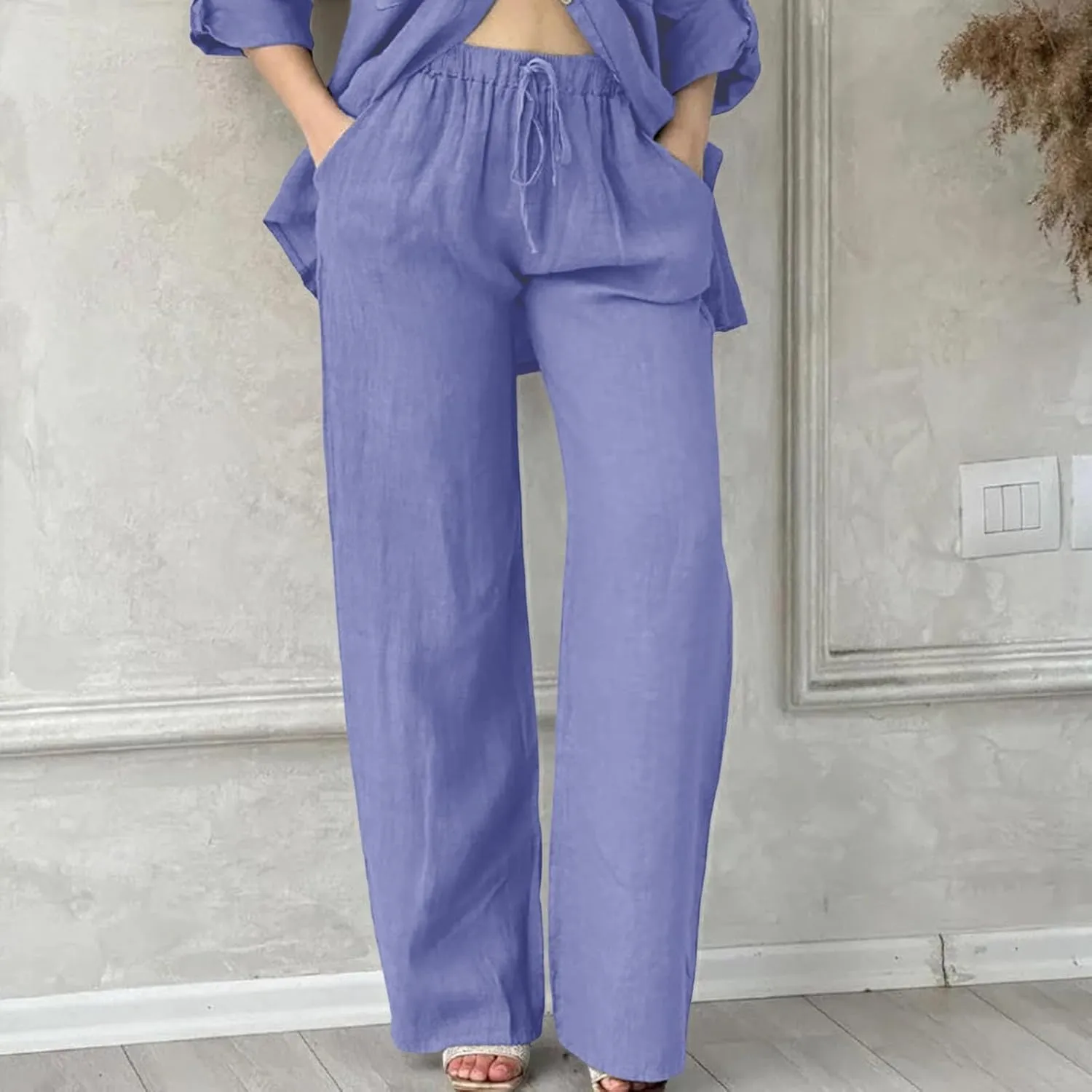 Womens Linen Summer Capri Pants Casual Drawstring Elastic Trousers Comfy Straight Leg Long Pants with Pockets Flowy