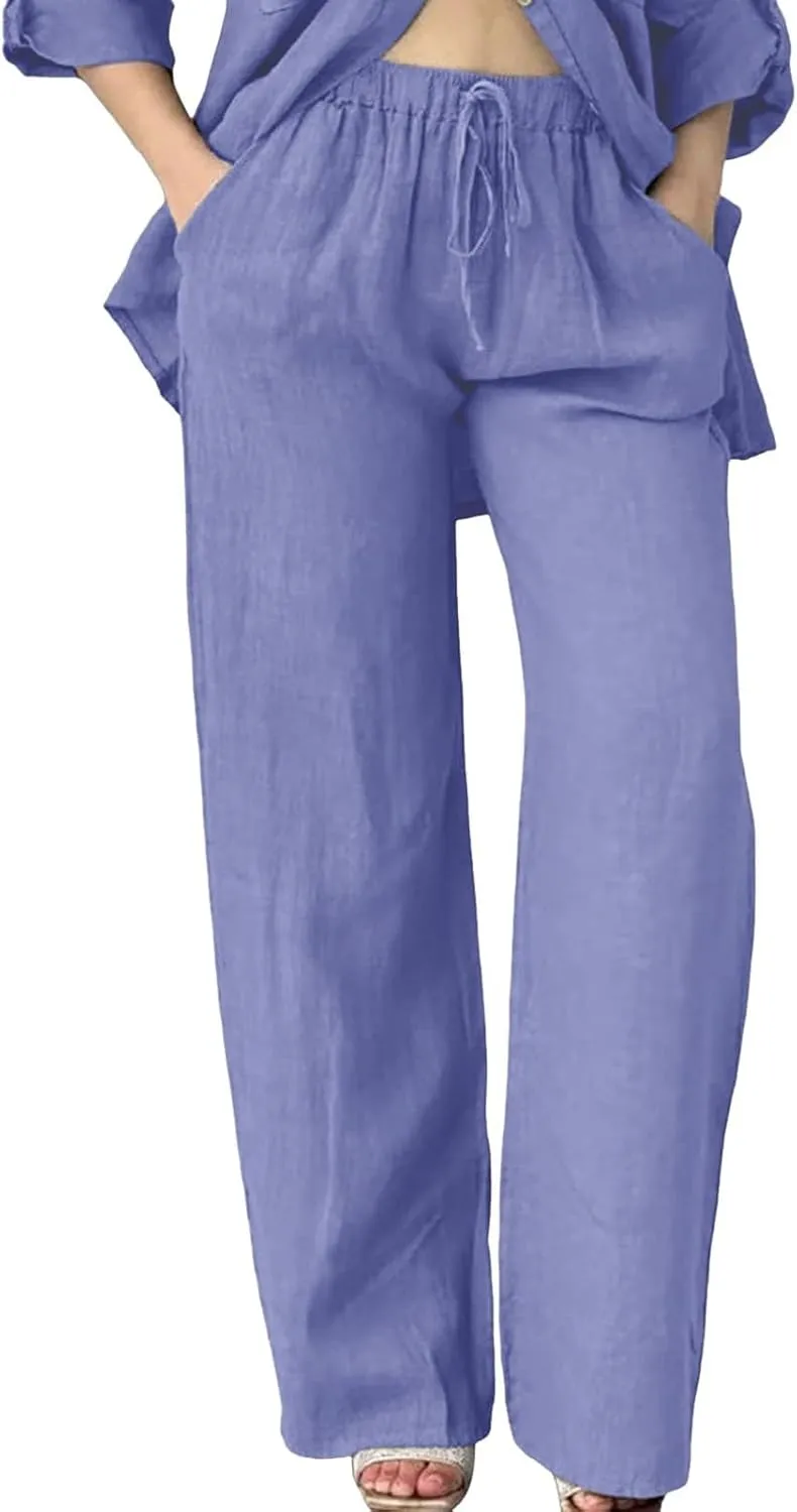 Womens Linen Summer Capri Pants Casual Drawstring Elastic Trousers Comfy Straight Leg Long Pants with Pockets Flowy