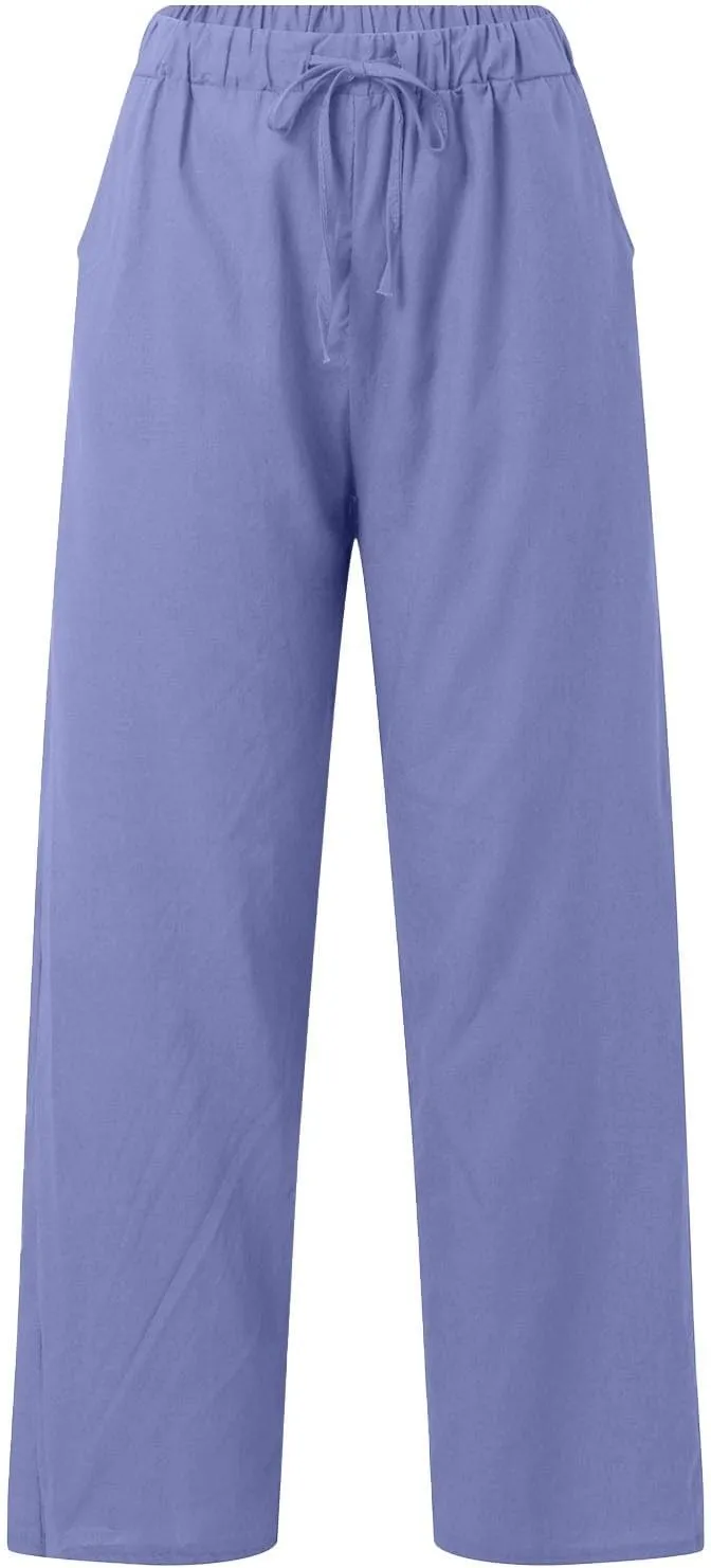 Womens Linen Summer Capri Pants Casual Drawstring Elastic Trousers Comfy Straight Leg Long Pants with Pockets Flowy