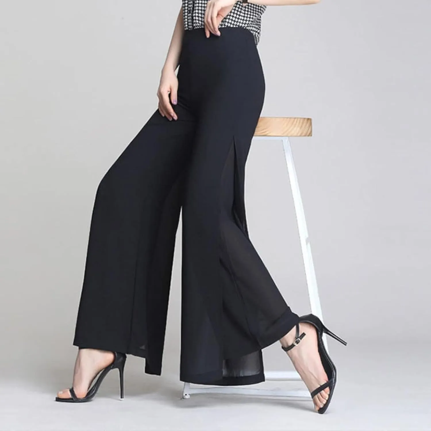 Women's Long Pants Summer Wide Leg Pants High Waist Double Layered Split Chiffon Long Pants Loose Dance Pants