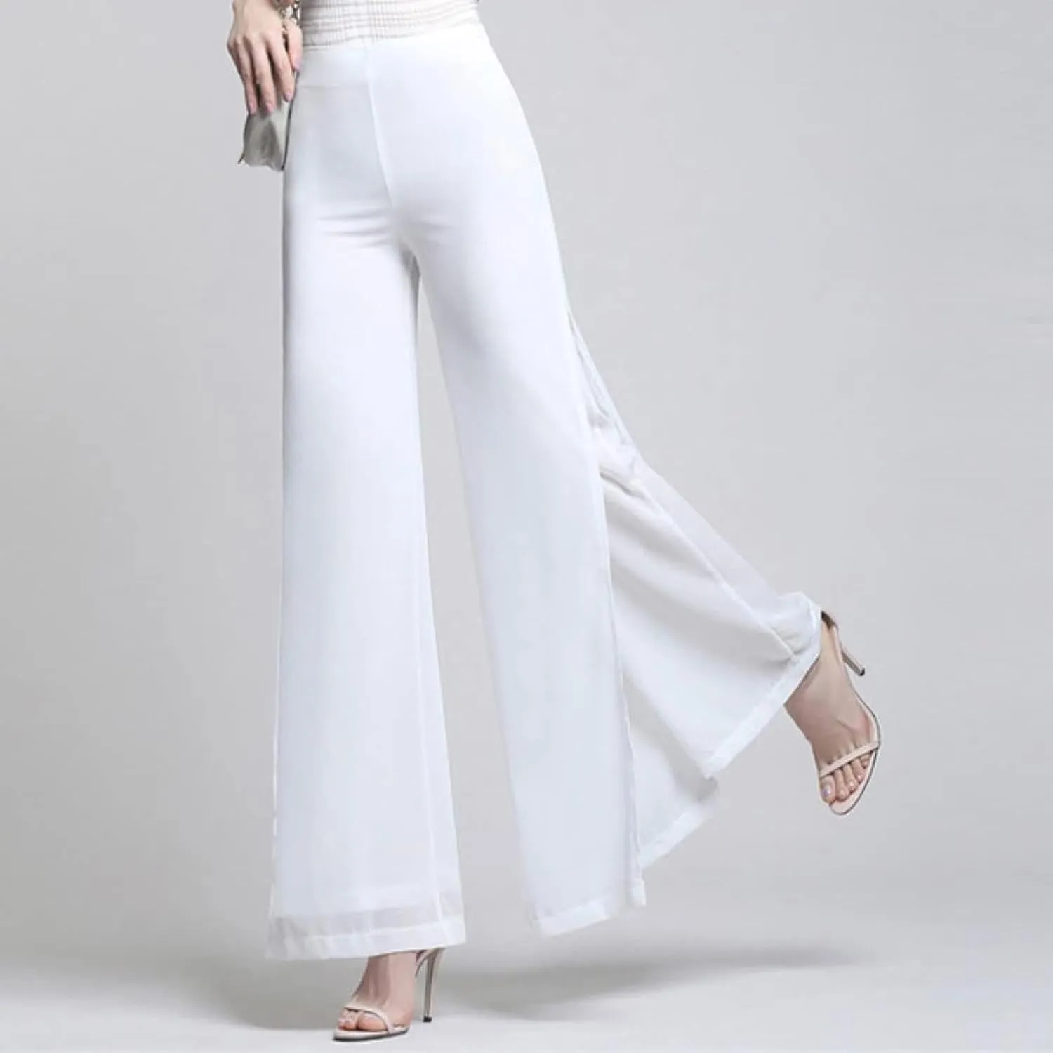 Women's Long Pants Summer Wide Leg Pants High Waist Double Layered Split Chiffon Long Pants Loose Dance Pants