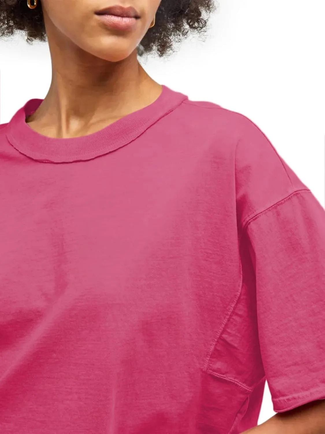 Women's Oversize Workout Crop Tops Short Sleeve Crewneck Drop Shoulder Boxy T Shirts Summer Casual Solid Basic Tees