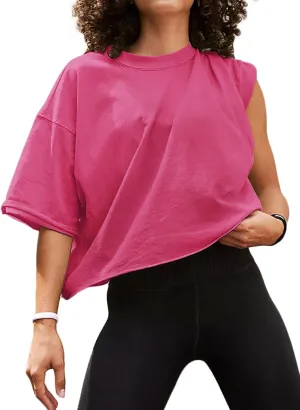Women's Oversize Workout Crop Tops Short Sleeve Crewneck Drop Shoulder Boxy T Shirts Summer Casual Solid Basic Tees