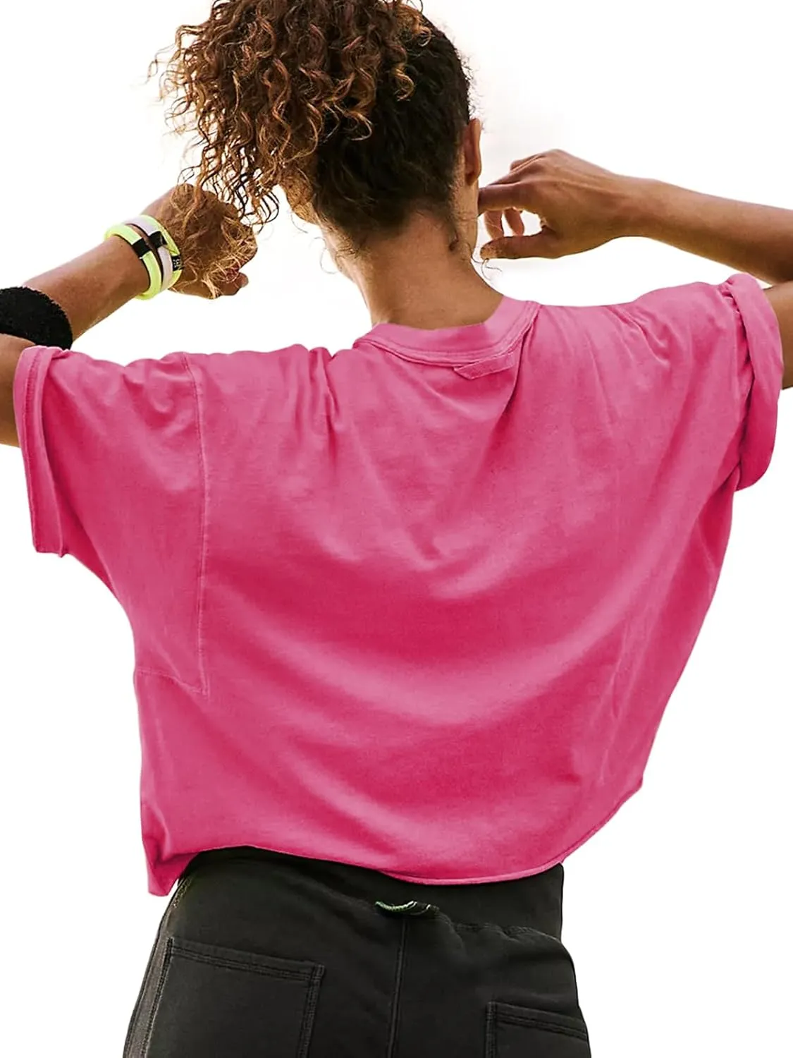 Women's Oversize Workout Crop Tops Short Sleeve Crewneck Drop Shoulder Boxy T Shirts Summer Casual Solid Basic Tees