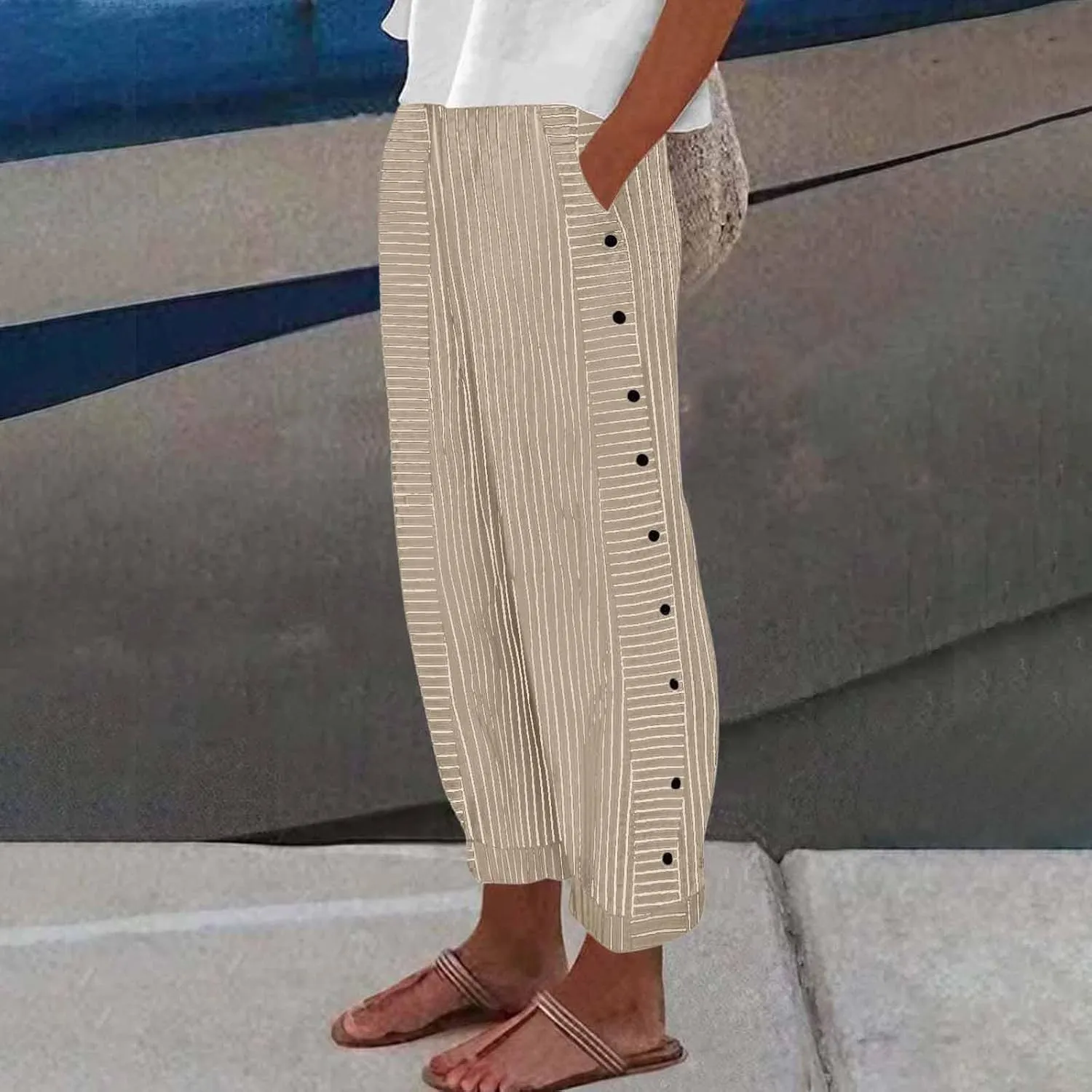 Women's Pants Summer Striped Wide Leg Pants Side Button Lightweight Beach Elastic Waist Casual Cropped Pant w/Pockets