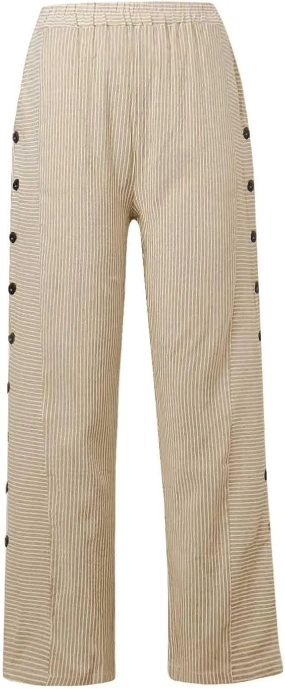 Women's Pants Summer Striped Wide Leg Pants Side Button Lightweight Beach Elastic Waist Casual Cropped Pant w/Pockets