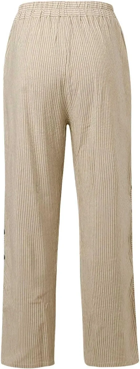 Women's Pants Summer Striped Wide Leg Pants Side Button Lightweight Beach Elastic Waist Casual Cropped Pant w/Pockets