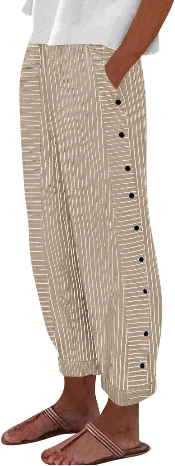 Women's Pants Summer Striped Wide Leg Pants Side Button Lightweight Beach Elastic Waist Casual Cropped Pant w/Pockets