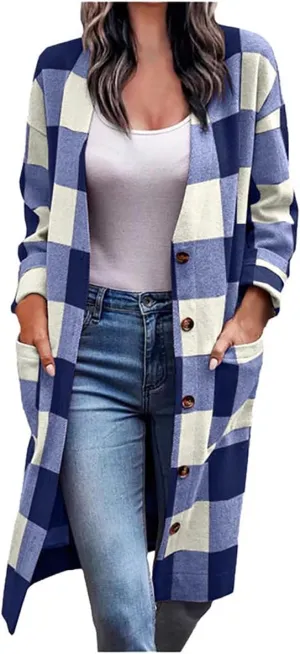 Womens Plaid Jacket Long Flannel Shirt Casual Lapel Button Down Flannel Trench Coat